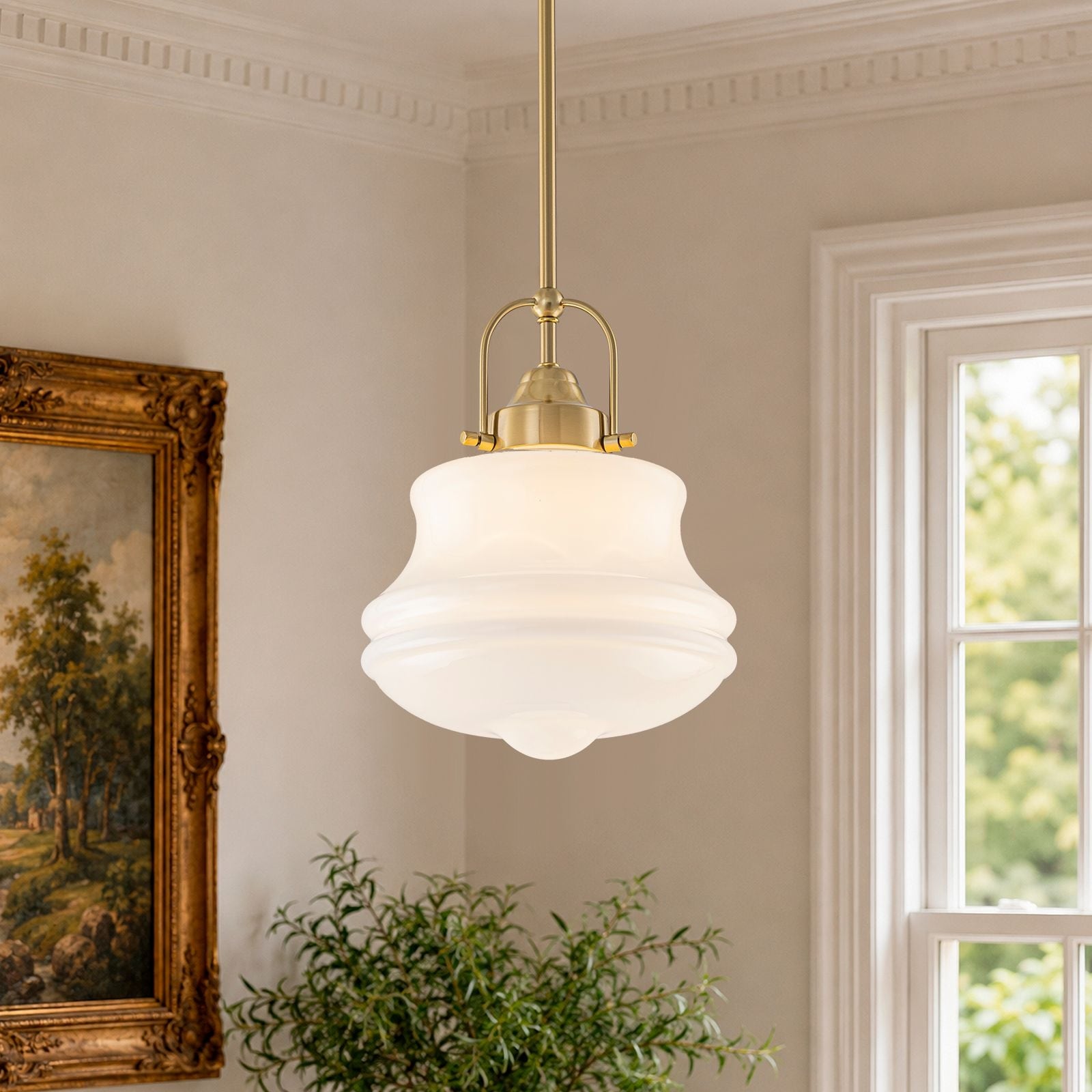 Vintage 1-Light Gold Schoolhouse Milk Glass Pendant Light
