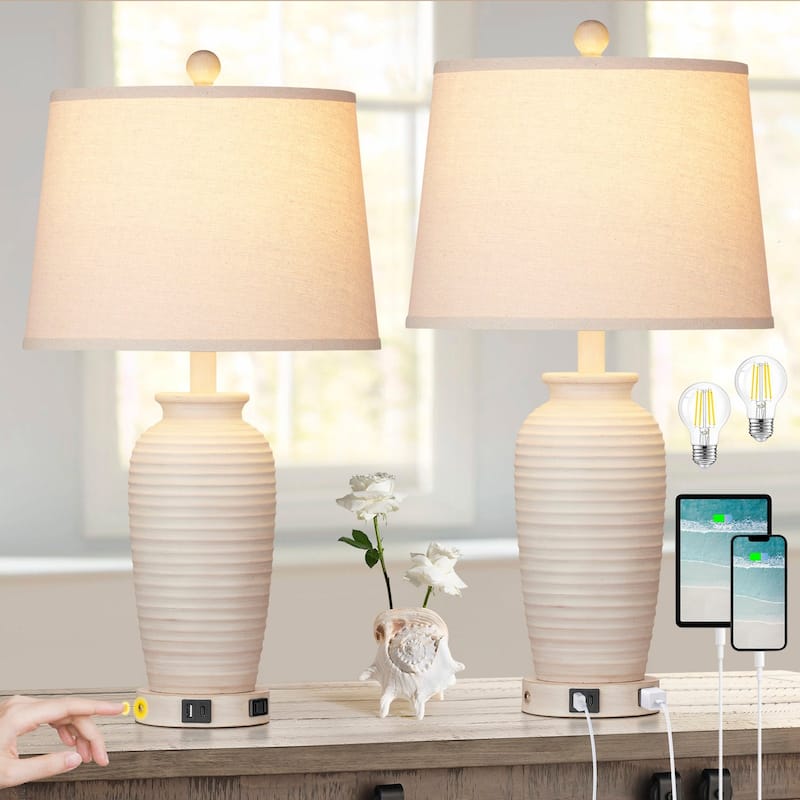 Beige Resin Table Lamps 3-way Touch Dimming Switch USB & Type-C Charging Ports AC Outlet (Set of 2)
