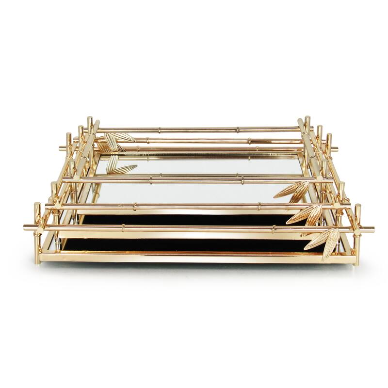 Gold Bamboo Style Rectangle Metal Mirror Decorative Tray Serving Platter