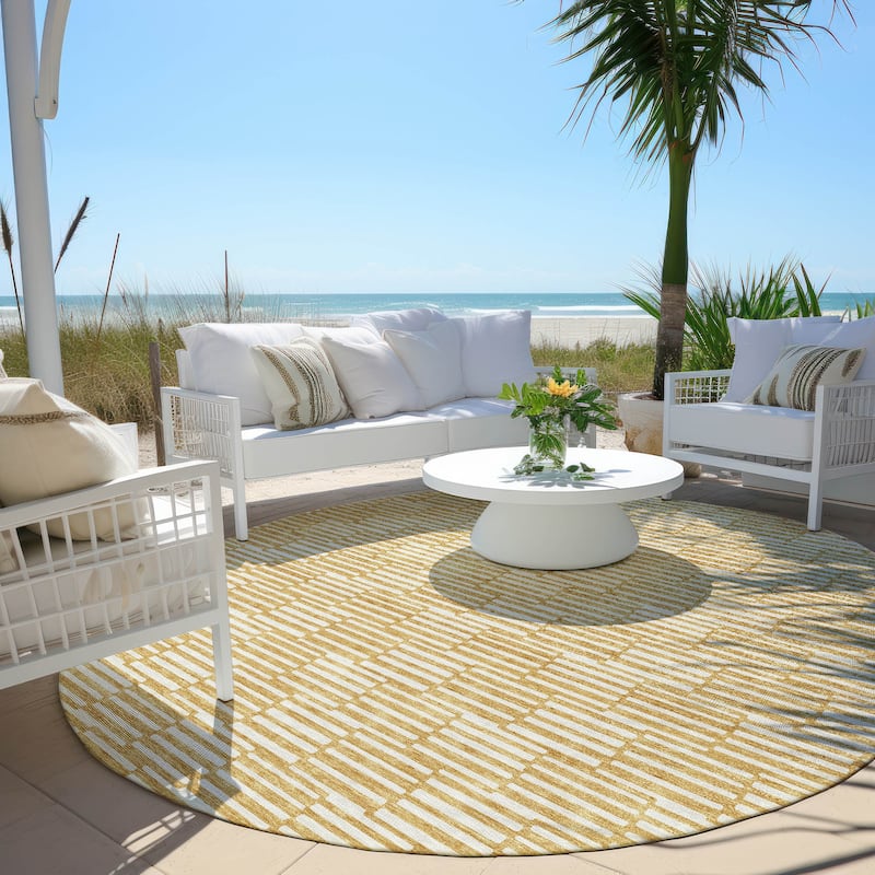 Machine Washable Indoor/ Outdoor Chantille Stripe Blocks Rug - Gold - 8' x 8'