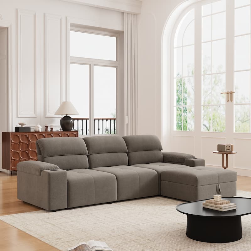 Down Filling Modular Deep Seat Couch L-shaped Sectional Sofa with Adjustable Backrest, Cup Holders, Storage Armrests and Ottoman