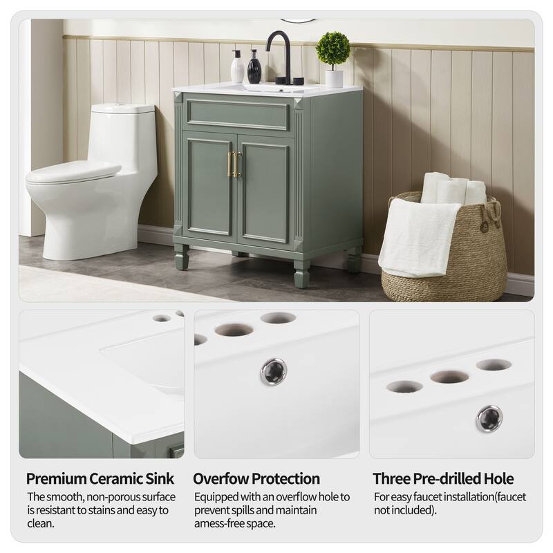 Modern 30" Freestanding Bathroom Vanity Cabinet Wood Frame with Ceramic Sink and Soft-Close Storage