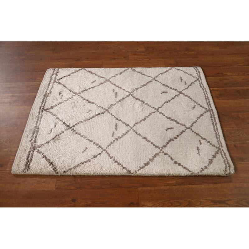 Beige Trellis Moroccan Oriental Accent Rug Handmade Wool Carpet - 2'0"x 3'0"