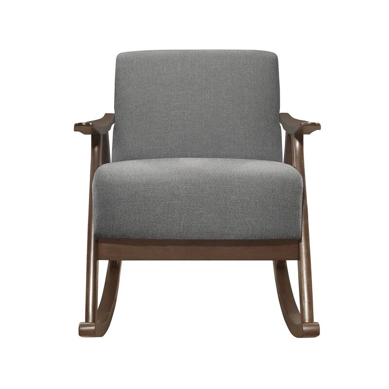 Tim 37 Inch Rocking Armchair, Gray Polyester, Walnut Brown Solid Wood