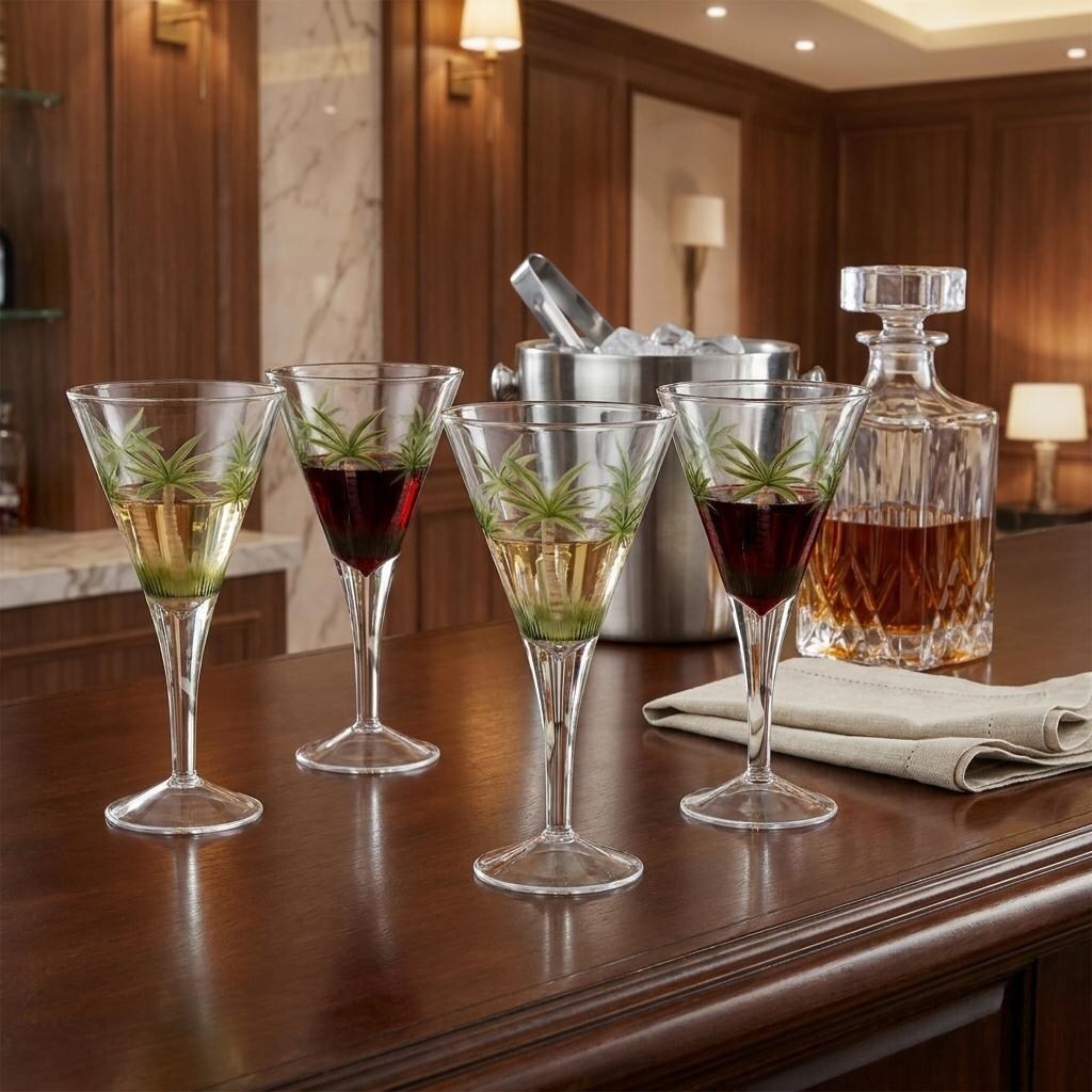 HomeRoots Set of Four Clear and Green Palm Tree Acrylic Stemmed All Purpose Wine Glasses