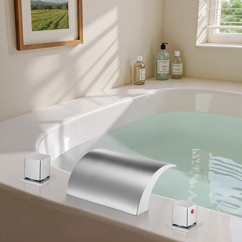 Silver Stainless Steel Deck Mounted Roman 3-Hole Tub Faucet with Dual Handles and Fast Fill Bathtub - 5.32” x 7.09” x 6.69”