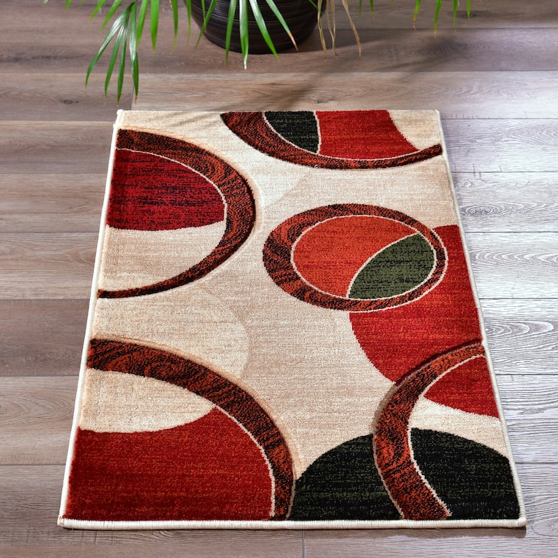 Orelsi Collection Abstract Geometric Circles Area Rug - 2'1" x 3'3" - Beige/Red