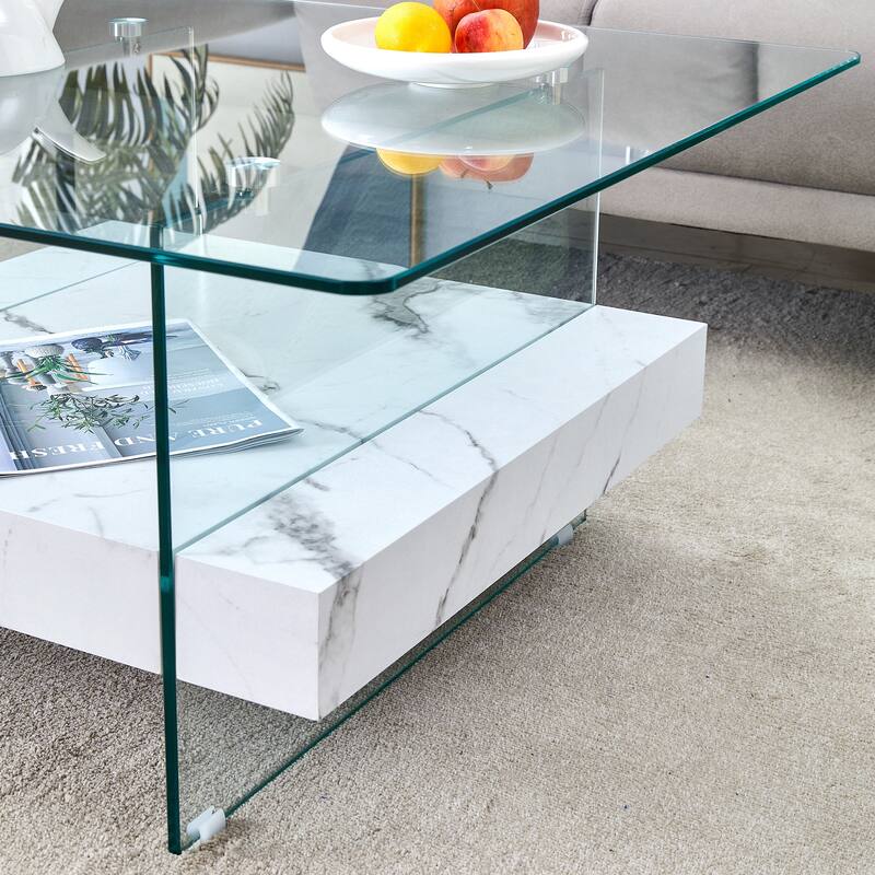 31.4 Inch Modern Two-Tier Square Coffee Table - An Elegant Combination of Clear Glass and White Marble Pattern Sticker.I