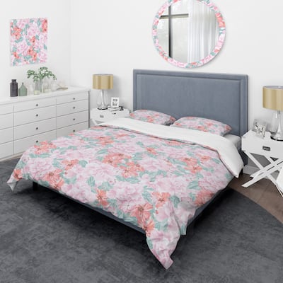 Designart 'Pink Flower and Grey Leaves' Cabin & Lodge Duvet Cover Set