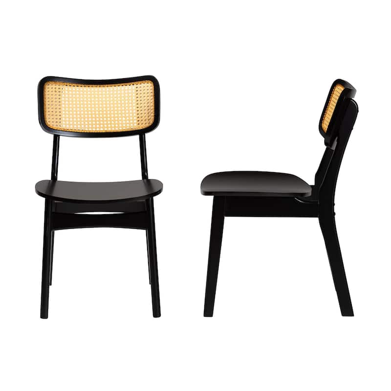 Tafari Mid-Century Modern Wood and Rattan 2-Piece Dining Chair Set