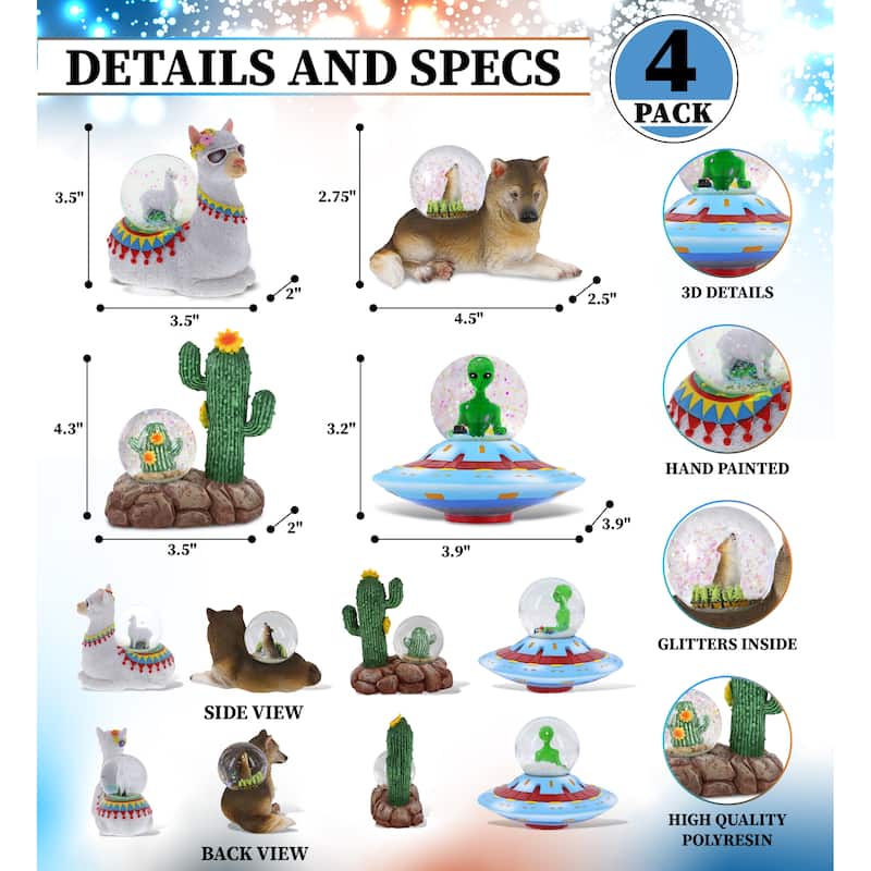 CoTa Global Llama, Wolf, Cactus Alien Space Saucer Snow Globe Set of 4 - 45 mm