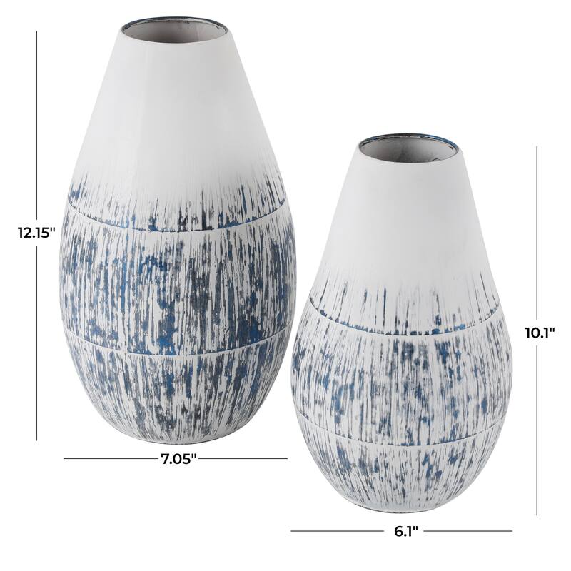 Blue Metal Brushed Decorative Vase with White Background (Set of 2)