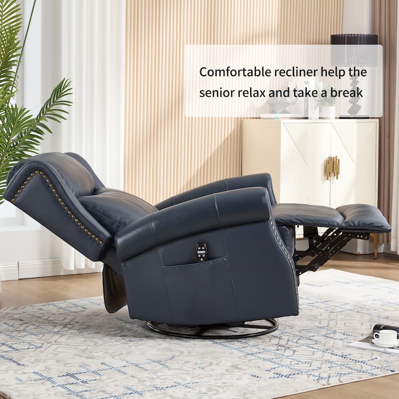 360° Swivel Rocking Recliner with Heat & Massage, Genuine Leather