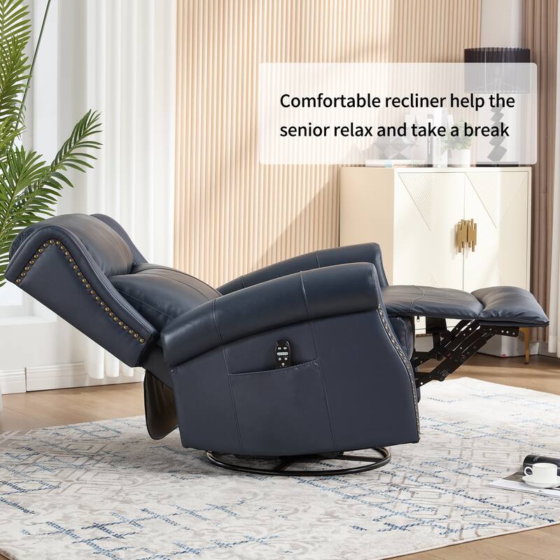 Manual Recliner Chair with Heat & Massage, Genuine Leather Swivel Recliner Chair, Lounge Sofa Chair with Side Pockets