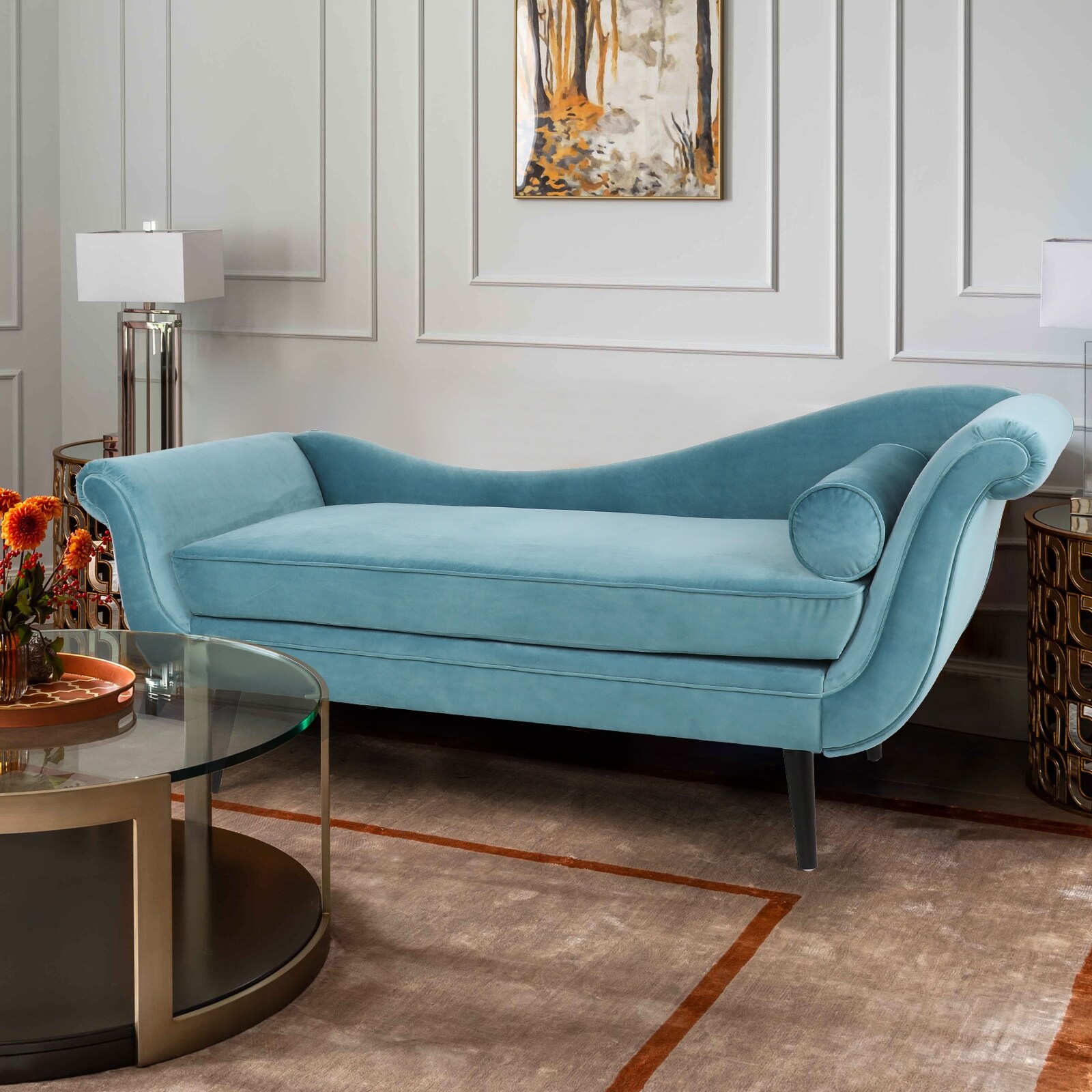 69 Modern Chaise Lounge Turquoise Velvet Fabric Upholstered Sofa