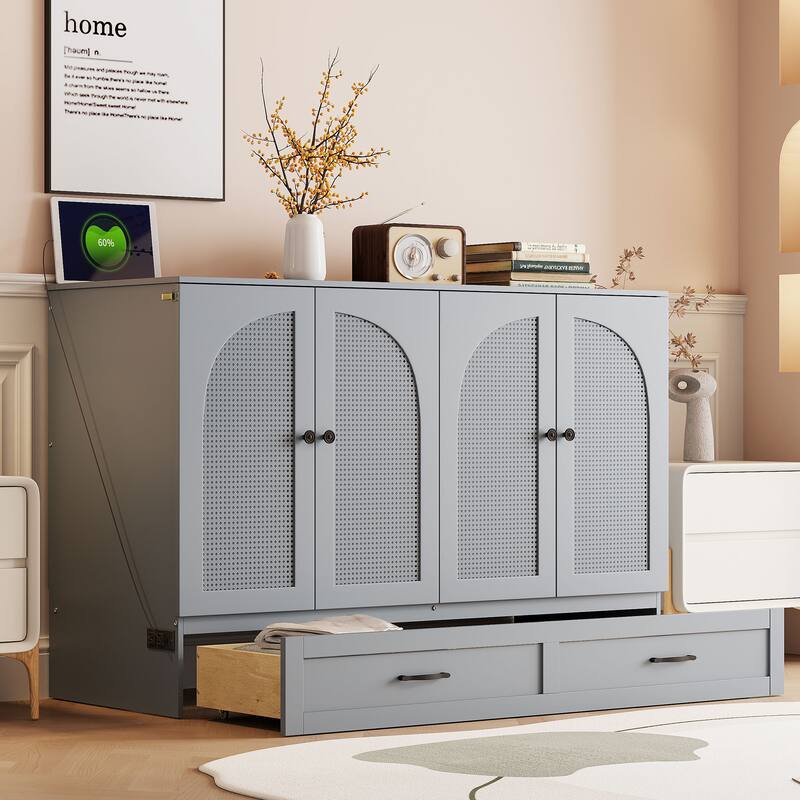 Space-Saving Full Size Murphy Bed with Large Drawers, USB Charging & Rattan Finish