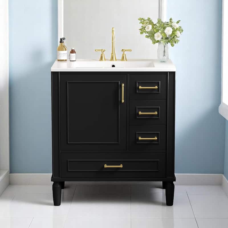 30" Bathroom Vanity with Sink, Freestanding Storage Cabinet with 3 Drawers, Soft-Close Door, Ceramic Basin,Bathroom Cabinet - Black
