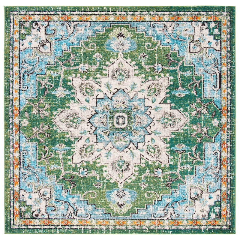 SAFAVIEH Madison Diederike Boho Medallion Distressed Rug - 6'7" Square - Green/Turquoise - Square
