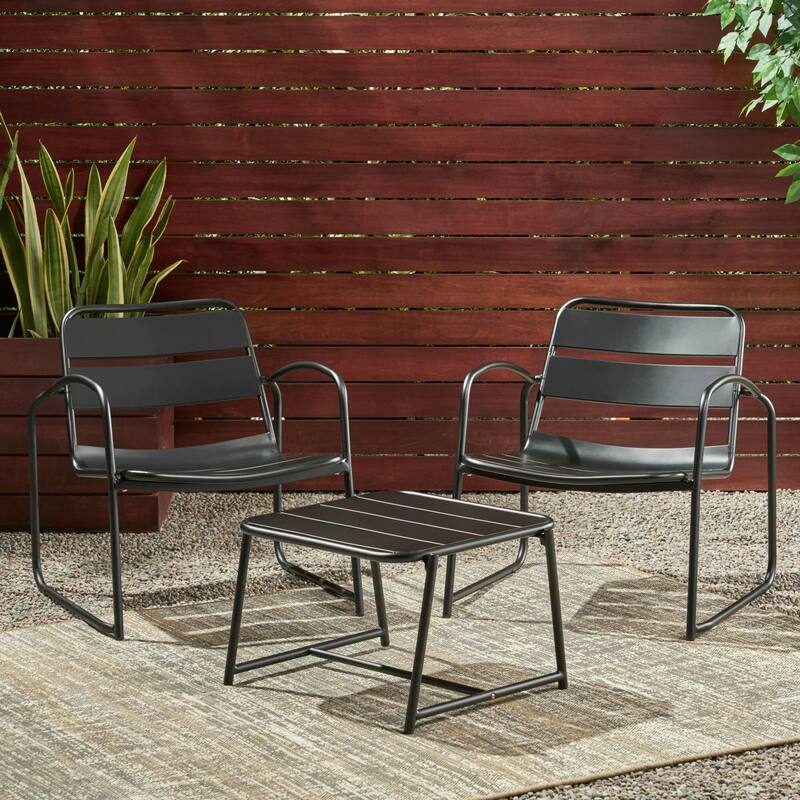 Roomfitters Outdoor Chat Set 3 Piece Metal Conversation Seating Slat Design Iron Chairs - Matte Black