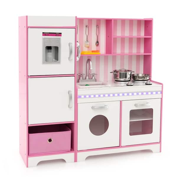 slide 2 of 9, Pink Kids Kitchen Playset Wooden Toy with Adjustable LED Lights and Washing Machine - 35.5" x 11.5" x 35.5" Kids