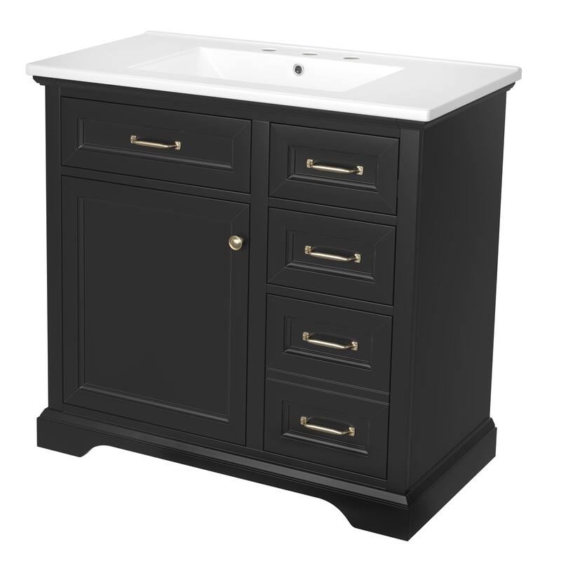 Roomfitters 36" Bathroom Vanity with Integrated Ceramic Sink, 2 Tip-out Drawers, Adjustable Shelving & Soft-Close Hinges, Black