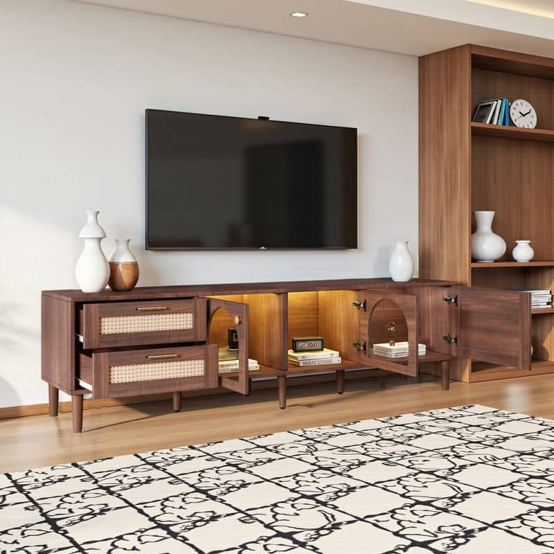Rattan TV Stand for TVs Up to 80", Media Console with 3 Cabinets & 2 Drawers, LED Entertainment Center