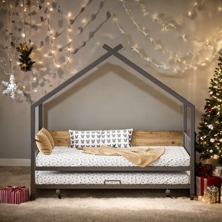 Metal Adorable House Twin Size House Bed with Twin Size Trundle Bed,Kids and Baby