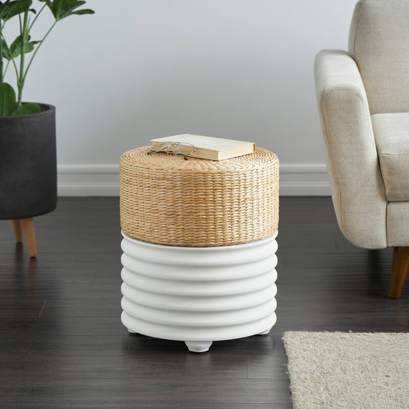 White or Black Wooden Handmade Woven Two-Toned Geometric Stool with Seagrass Top - White