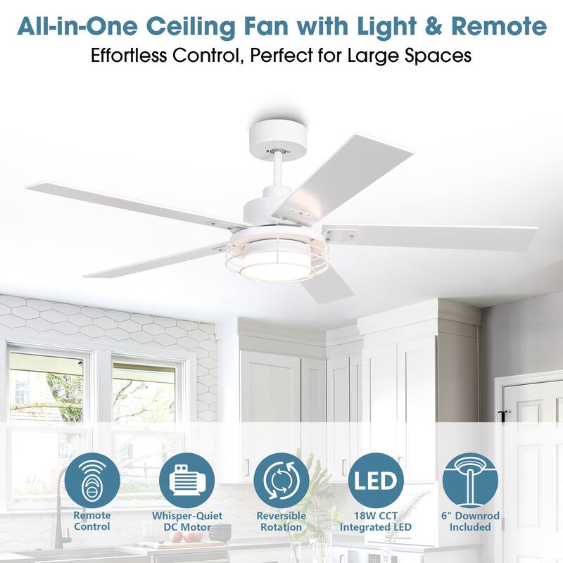 52-in Industrial Metal Caged Ceiling Fan with Light and Remote, Reversible 5-Blade