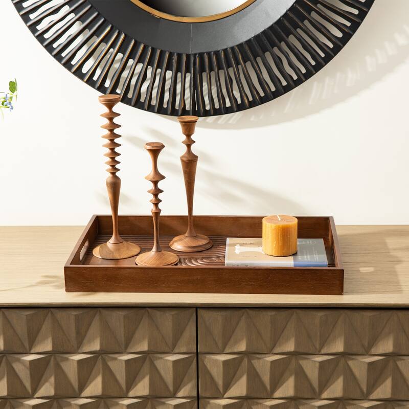 Glitzhome Set of 2 Rectangle Wood Abstract Carved Decorative Trays with Handles