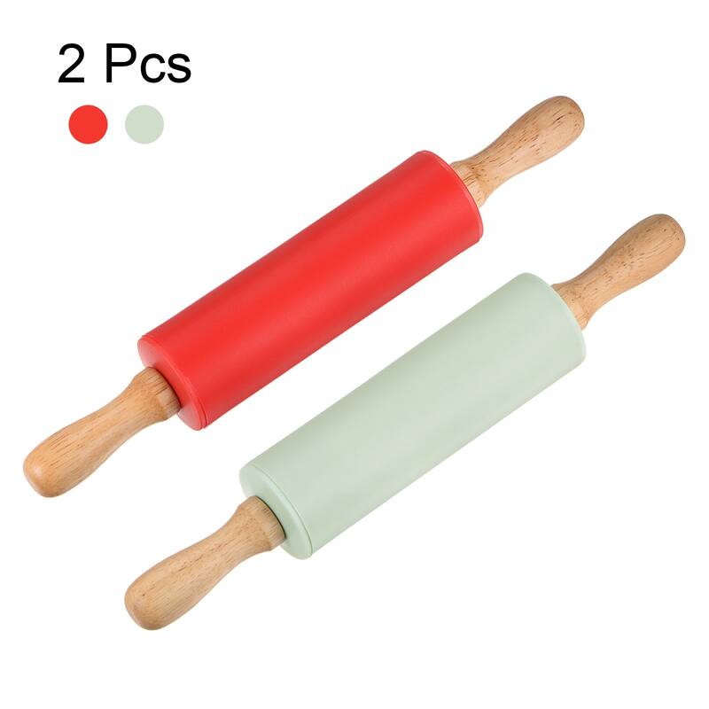 Silicone Rolling Pins for Baking Wood Handle 31cm x 4.2cm Red & Light Green - Red & Light Green