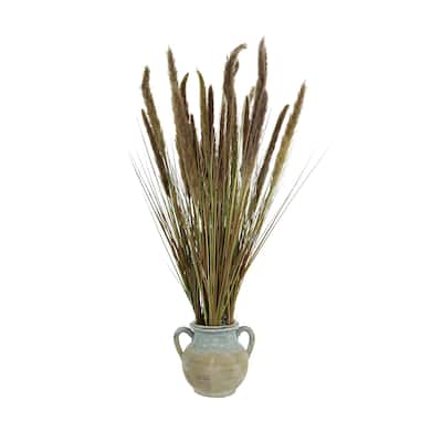 Foxtail Grass Floral in a Ceramic Vase - Brown, Blue