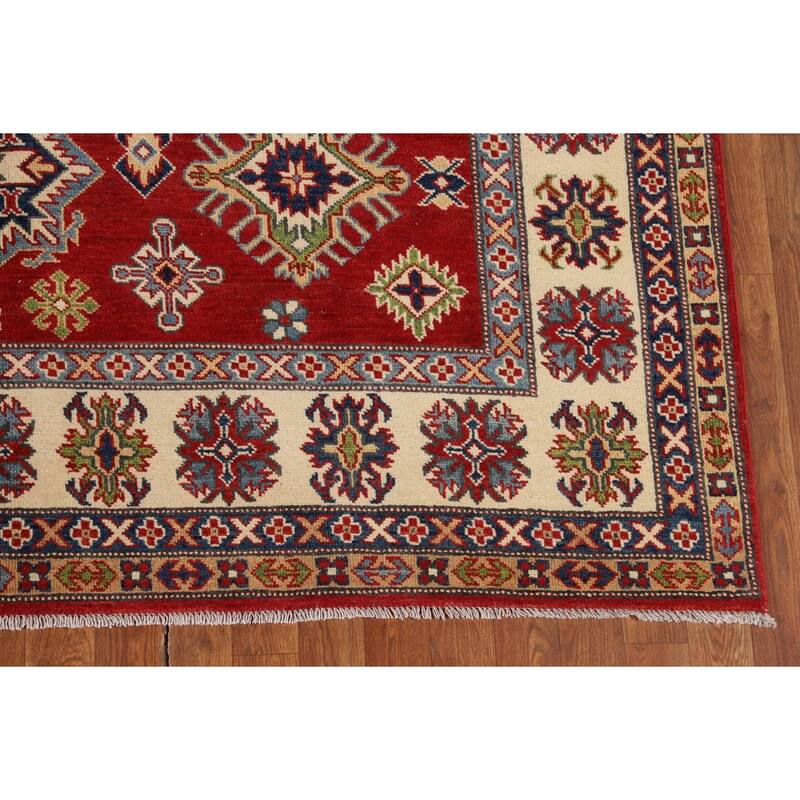 Geometric Kazak Area Rug Hand-Knotted Oriental Red Wool Carpet - 6'6" x 9'11"