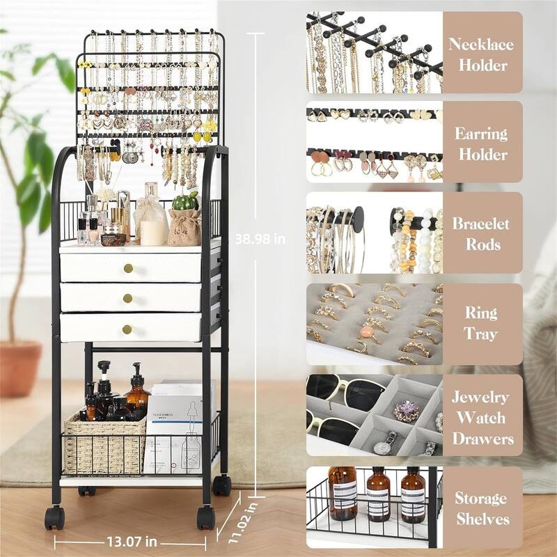 Large Jewelry Stand with 3 Jewelry Box Drawer - 11.02"D x 13.07"W x 38.98"H