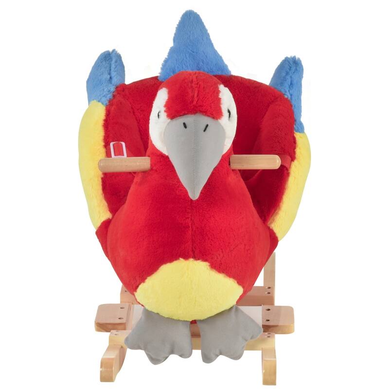 Red Plush Kids Rocking Parrot Horse with Comfortable Seat and Wooden Base Music Feature - 23.5" L x 13.75" W x 19.75" H