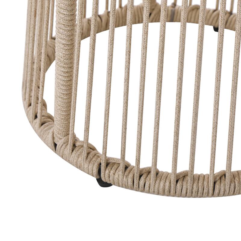 Roomfitters Moonstone Outdoor Woven Rope Side Table with Tempered Glass Top, Modern Drum Design, Light Brown - Light Brown