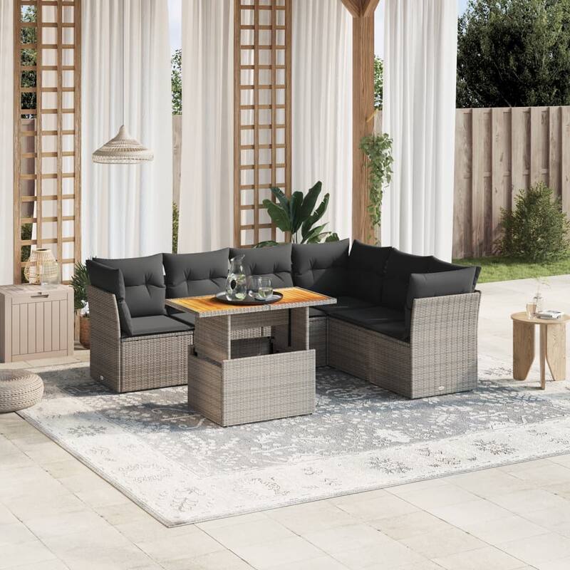 vidaXL Patio Sofa Set with Cushions Outdoor Table and Sofas 7 Piece Poly Rattan - 21.7 x 39.4 x 28.7 - Grey - form2
