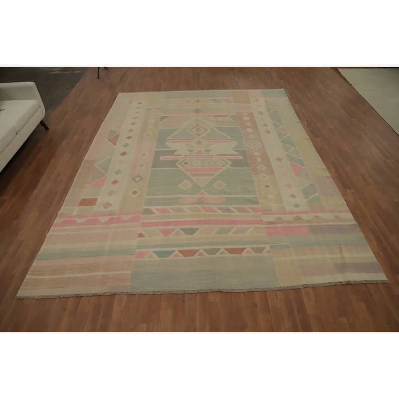 Hand Woven Oriental 100% Wool Carpet Southwestern Tribal Multi-Colored Kilim Area Rug - 11' 11'' X 8' 11''