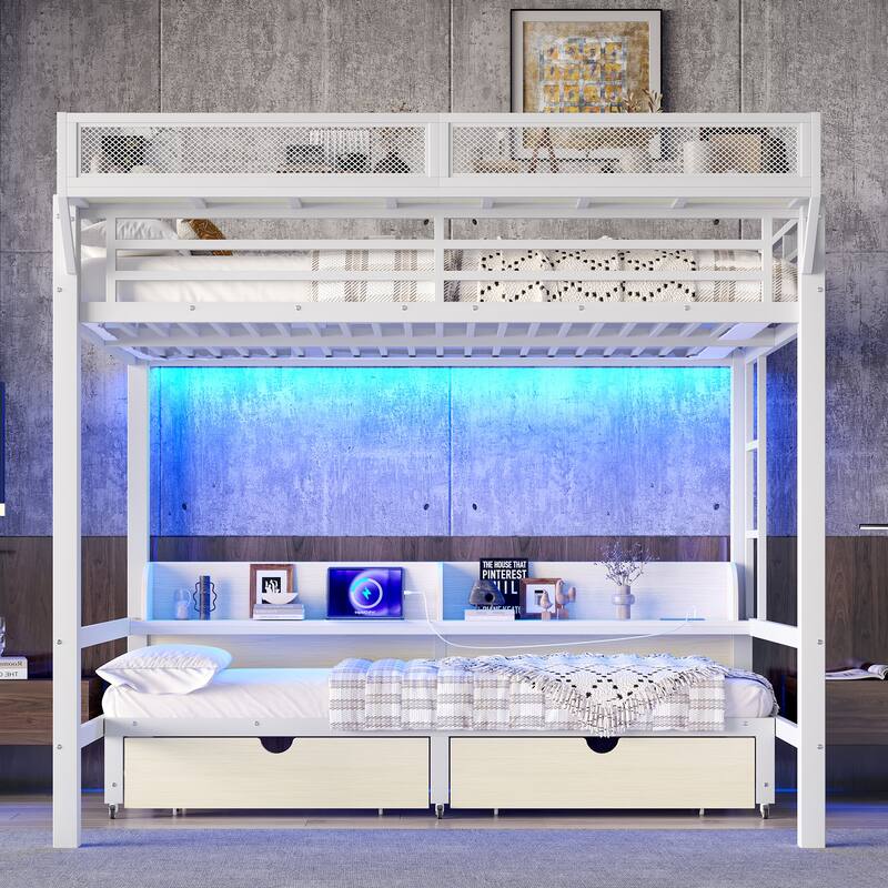Queen over Queen Bunk Bed Frame with USB Ports, LED Lights, Storage Shelves and Drawers, Lower Bed Converted into Sofa - White - Queen