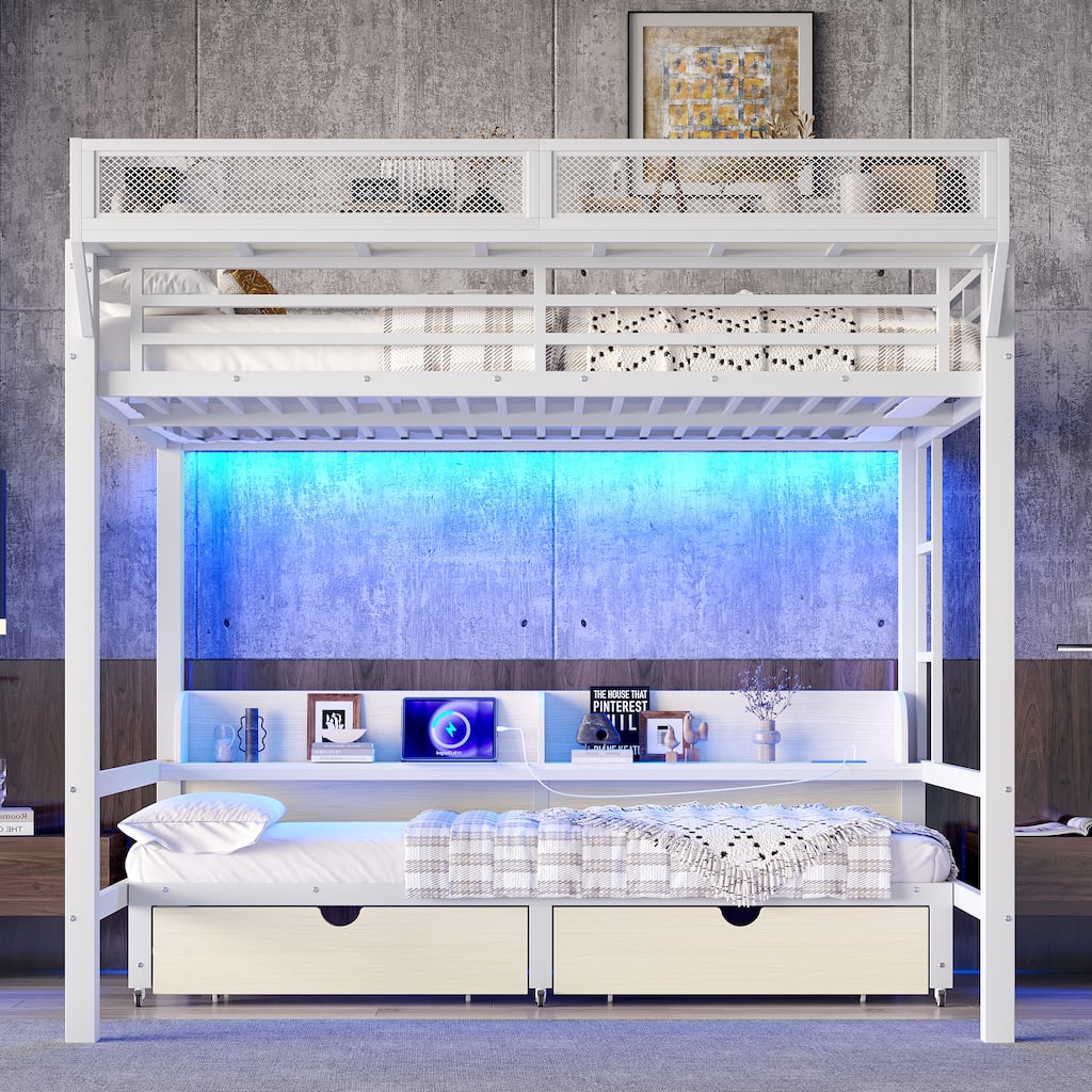 Queen over Queen Bunk Bed Frame with USB Ports, LED Lights, Storage Shelves and Drawers, Lower Bed Converted into Sofa