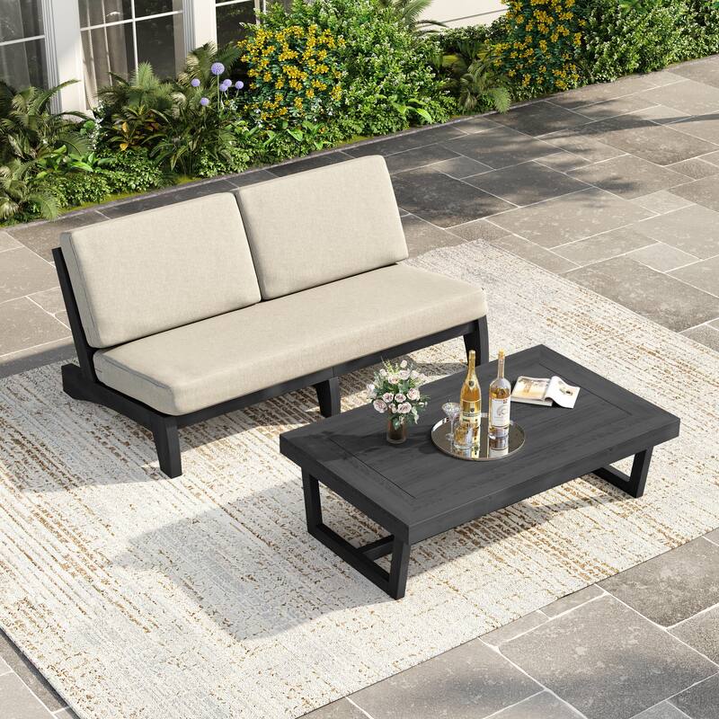 3 Seat Wood 64" W Cushioned Outdoor Patio Sofa with Coffee Table - Dark Wood - Light Camel