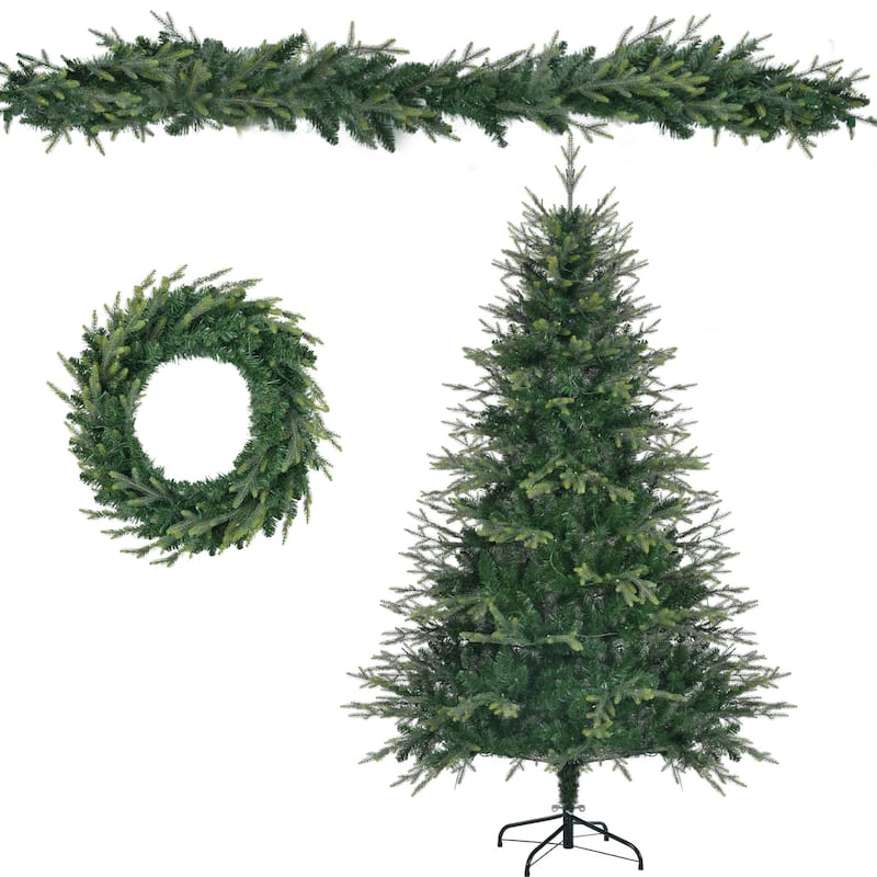 HomeRoots Three Piece Pre Lit Extra Full Frosted Pine Christmas Tree With Garland And Wreath Set