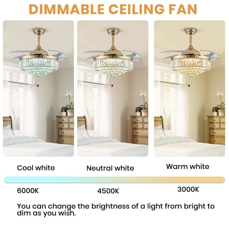 42''Reversible Chandelier Crystal Ceiling Fan with Lights, Stepless Dimming  Modern Ceiling Fan Remote Control Retractable Invisible Blades, 6 Speeds  Indoor Fandelier Kits for Living Room Bedroom 