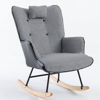 35.5 inch Rocking Chair, Soft Houndstooth Fabric Leather Fabric Chair, Comfy Wingback Glider Rocker with Safe Solid Wood Base