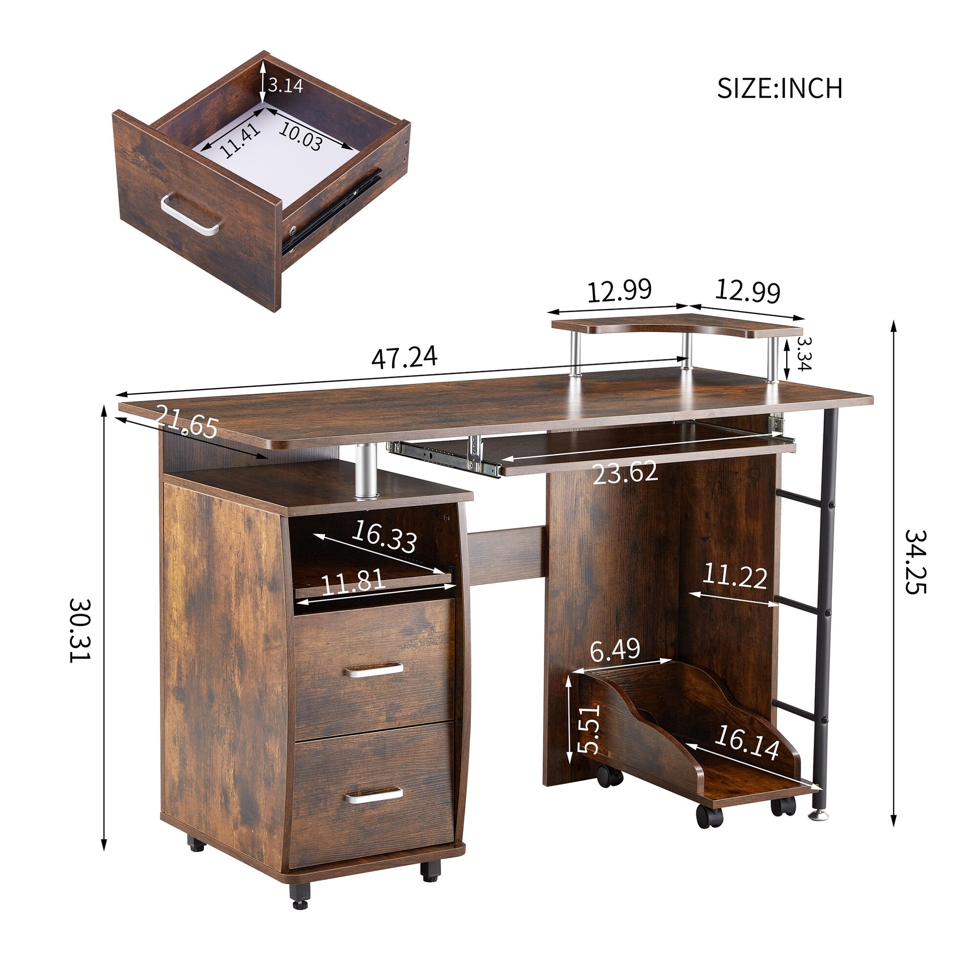 Classic Solid Wood Desk with CPU Tray Two Drawers and Curved Workstation for Efficient Office Space