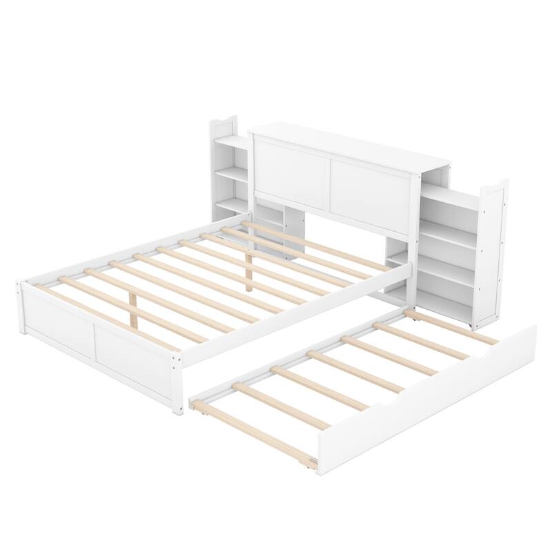 Queen Size Storage Bed with Pull-Out Shelves and Twin XL Trundle, White