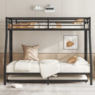 Metal Bed Frame Twin Over Full Bunk Bed with Twin Size Trundle Bed, Built-in Ladder and Full-Length Guardrails for Kids