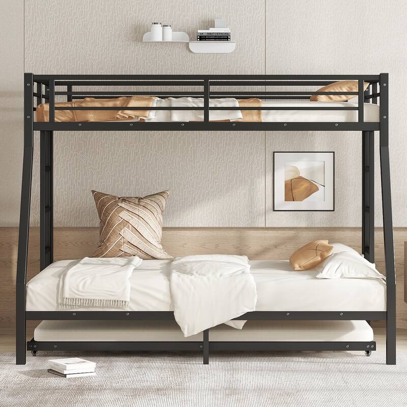 Metal Bunk Bed with Twin Size Trundle – Black Finish, Space-saving Design for Kids/Teens, Sturdy Frame, Easy Assembly