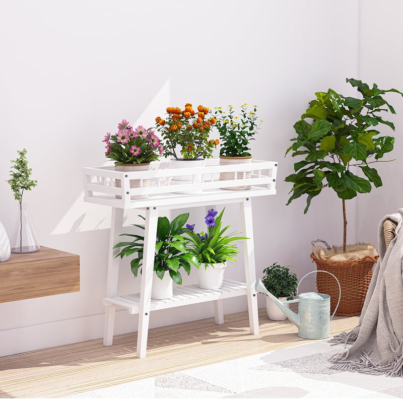 2 Tier Wood Plant Stand Flower Shelf Indoor Outdoor Narrow Table White - 29" L x 10.6" W x 27.2" H