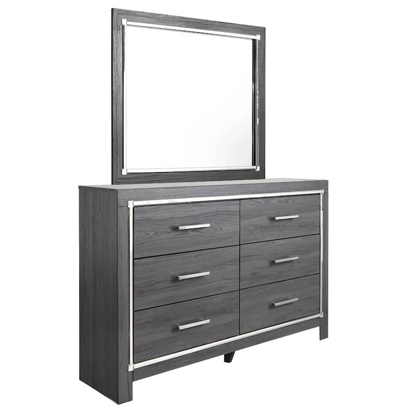 Leva 2pc Dresser and Mirror Set, 6 Drawers w Chrome Handles, Dark Gray